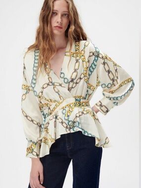 Zara Cream Chain Print Wrap Peplum Blouse